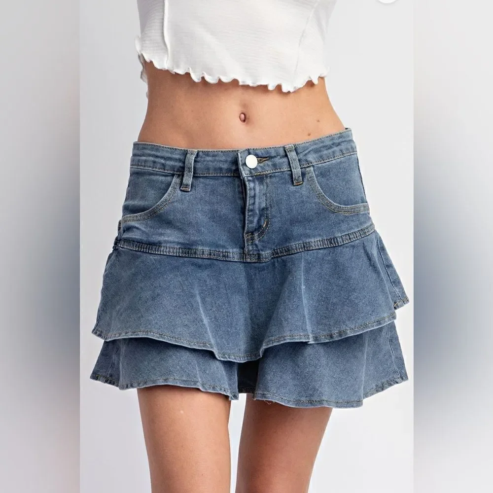 079. RUFFLE DENIM SKIRT WITH HIDDEN SHORTS!